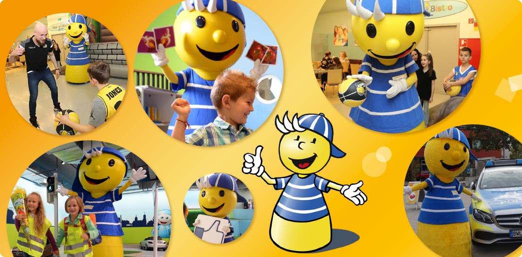 Bildercollage Maskottchen Ravo in der Ravensburger Kinderwelt